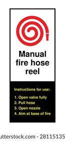 Professional flat vector manual fire hose reel safety sign featuring a fire hose reel symbol with clear step-by-step operating instructions for emergency fire response. Ideal for offices, warehouses, factories, schools, hospitals, commercial buildings, industrial facilities, emergency evacuation plans, workplace safety programs, and fire protection signage.