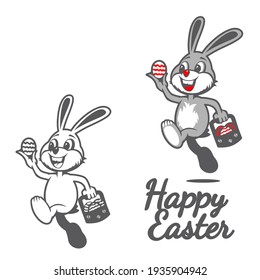 A professional flat vector mascot of a cheerful Easter Bunny running with a basket. The design features a grey cartoon rabbit holding a decorated egg in one hand and an Easter basket in the other. This high impact graphic includes a full color version and a clean line art variation with Happy Easter text, making it ideal for holiday greeting cards, seasonal promotions, and children event branding.
