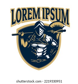 Ilustración de insignia vintage de gladiador en formato vectorial. puede utilizarse como camiseta gráfica, afiche, elemento de diseño, marca o cualquier otro propósito.