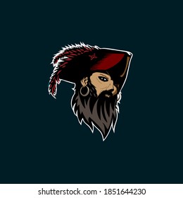 A professional flat vector mascot logo featuring a fierce pirate captain head. The character design showcases a detailed bearded buccaneer wearing a classic black and red tricorne hat with a decorative feather. With an intense gaze and a large hoop earring, this high-energy emblem is perfect for esports teams, gaming channels, sports mascots, edgy streetwear branding, and adventure-themed graphic designs.