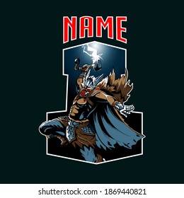 A professional flat vector mascot logo featuring the Norse God Thor in a dynamic insignia style. The design showcases the muscular warrior leaping in a powerful attack pose, wielding the hammer Mjolnir as a lightning bolt strikes. Presented on a dark shield in hammer shape-style background, this high-energy emblem is perfect for esports team branding, gym logos, fitness clubs, and mythological-themed gaming channels.