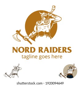 A professional flat vector mascot logo of a Viking raider blowing a ceremonial war horn. The design features a bearded Norse warrior in a classic horned helmet, styled with bold black outlines and a high-contrast red and white color palette. This clean, geometric emblem is ideal for sports teams, esports mascots, craft breweries, gaming channels, and rugged apparel branding.