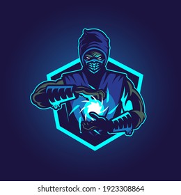 A professional flat vector mascot logo featuring a mysterious ninja or assassin character. The design depicts a masked warrior in a hood channeling a glowing ice blue energy sphere or magic spell between their hands. Set against a glowing cyan hexagonal shield, this high-impact emblem utilizes a vibrant neon blue and navy palette, making it ideal for esports teams, gaming channels, software security branding, and modern apparel.