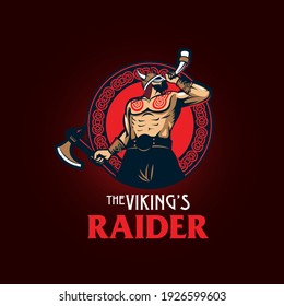 A professional flat vector mascot logo of a powerful Viking raider blowing a battle horn. The design features a muscular, bearded Norse warrior holding a battle axe, styled with intricate red tribal tattoos and a classic horned helmet. Set against a circular red sun background with a Celtic knot border, this high-impact graphic is ideal for sports team branding, esports mascots, craft breweries, and rugged apparel.