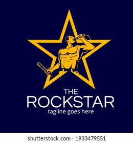 A professional flat vector mascot logo featuring a powerful rockstar or lead singer concept. The design depicts a muscular male performer singing into a microphone with passion, framed within a bold yellow five point star. Set against a premium dark navy background, this high impact emblem is ideal for music bands, talent agencies, karaoke bars, and entertainment branding.
