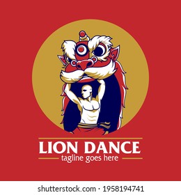 A professional flat vector mascot logo featuring a traditional Chinese Lion Dance concept. The design depicts a muscular performer holding up a vibrant red and gold lion head with a fierce expression and large eyes. Set within a golden circular background on a red field, this high impact cultural emblem is ideal for lunar new year festivals, martial arts schools, and Asian themed community events.