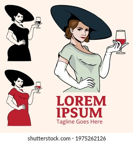 A professional flat vector mascot logo set featuring an elegant woman holding a glass of wine. The design depicts a sophisticated lady wearing a large black sun hat and white evening gloves while showcasing a glass of red wine. This high impact collection includes a main mint green dress variation and three smaller versions in black, red, and outline styles, making it ideal for wine bars, vineyards, luxury catering, and premium lifestyle branding.