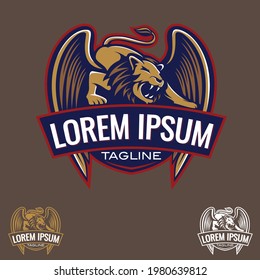 A professional flat vector mascot logo featuring a powerful winged lion insignia. The design depicts a fierce crouching lion with large eagle wings and sharp fangs, rendered in a sophisticated gold and navy blue color palette. This high impact collection includes a main detailed emblem with a parchment ribbon banner and two minimalist variations in gold and white line art, making it ideal for sports teams, luxury automotive brands, security firms, and premium apparel.