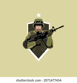 A professional flat vector mascot logo featuring an army soldier in full combat uniform. The character wears an olive drab helmet, tactical vest, and gloves while holding an assault rifle in a ready stance. The design is set against a dark shield with a white star on a tan background, making it ideal for esports teams, military surplus branding, tactical training centers, and combat themed gaming channels.