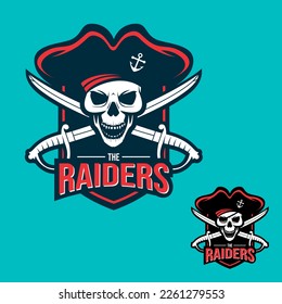 A professional flat vector mascot logo featuring a grinning pirate skull wearing a tricorne hat with an anchor symbol. The design includes two crossed cutlass swords behind the skull and a bold red banner with The Raiders text. This high quality sport badge uses a navy blue and red color palette against a turquoise background, making it ideal for e-sports team branding, nautical themed apparel, and gaming community emblems.