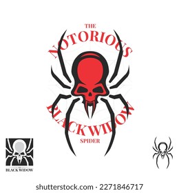 A professional flat vector mascot logo featuring a red skull integrated into the body of a black spider. The design includes the arched text The Notorious Black Widow Spider and is set against a clean white background with a subtle spider web watermark. This high quality graphic set includes monochrome variations and is ideal for e-sports team branding, streetwear apparel designs, tattoo studio identities, and gaming community emblems.