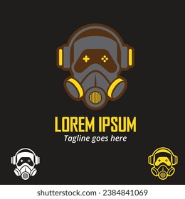A professional flat vector mascot logo featuring a stylized gamer head wearing a tactical gas mask and headphones. The mask visor integrates gaming controller button icons including a directional pad and action buttons. The design uses a dark grey and vibrant yellow color palette on a black background and includes bold Lorem Ipsum typography. This high quality emblem is ideal for esports teams, gaming channels, post apocalyptic themed software, and modern streetwear branding.