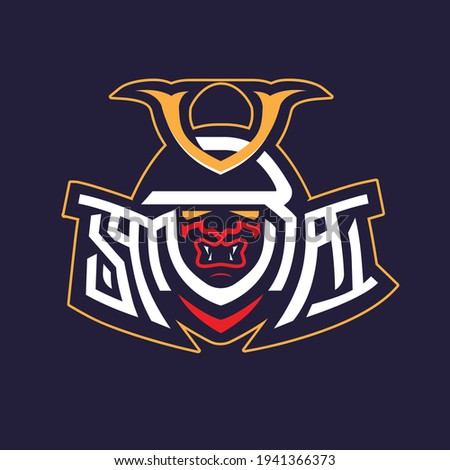 A professional flat vector mascot logo featuring a creative Samurai wordmark concept. The design integrates the word Samurai into the shape of a traditional Japanese kabuto helmet with a fierce oni mask face and golden crest. Set against a premium dark navy background, this high impact emblem is ideal for esports teams, gaming clans, martial arts dojos, and Japanese themed apparel branding.