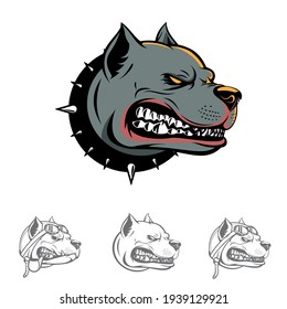 A professional flat vector mascot set featuring powerful pitbull dog head concepts. The main design depicts a fierce grey bulldog head with a spiked collar and aggressive expression. This high impact collection includes several variations such as a pilot dog wearing an aviator helmet and clean line art outlines, making it ideal for sports team logos, guard dog security branding, and rugged apparel design.