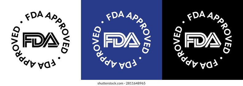 Professional flat vector set of FDA Approved badges featuring circular certification seals in multiple color variations for light and dark backgrounds. Perfect for medical products, pharmaceuticals, healthcare packaging, cosmetics, dietary supplements, food labeling, regulatory compliance, quality assurance, and marketing materials.