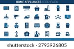 Professional flat vector set featuring microwave oven washing machine air conditioner rice cooker vacuum and fridge. Collection includes hair dryer iron toaster kettle ceiling fan smart tv humidifier air purifier and robot cleaner. High quality graphic elements for website design and mobile applications.
