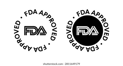 Professional flat vector set featuring FDA Approved certification badges in outlined and solid styles for light and dark backgrounds. Ideal for pharmaceutical products, medical devices, healthcare branding, cosmetics, dietary supplements, food packaging, quality assurance, regulatory compliance, certification labels, and promotional materials.