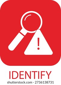 A professional flat-design icon featuring a magnifying glass inspecting a warning triangle with an exclamation mark. Set against a bold red rounded square with the word 