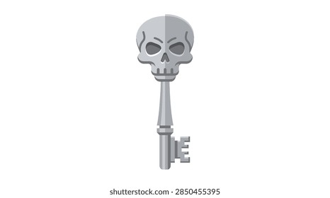A professional flat-style vector graphic featuring a stylized skeleton key. The head of the key is designed as a human skull with recessed eye sockets and a metallic silver finish. The design features clean lines and subtle shading, positioned vertically in the center of a plain white background. Ideal for gaming assets, Halloween decorations, and treasure-related designs.