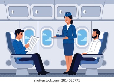 Professional flight attendant in a blue uniform serving drinks to passengers sitting in their seats on a commercial airplane cabin.