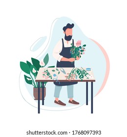 Professional florist flat color vector faceless character. Man arranging flowers. Male gardener. Creative hobby. Floristry workshop isolated cartoon illustration for web graphic design and animation