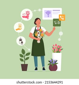 Professional florist taking orders online, she is holding a beautiful flower bouquet and interacting with a user interface