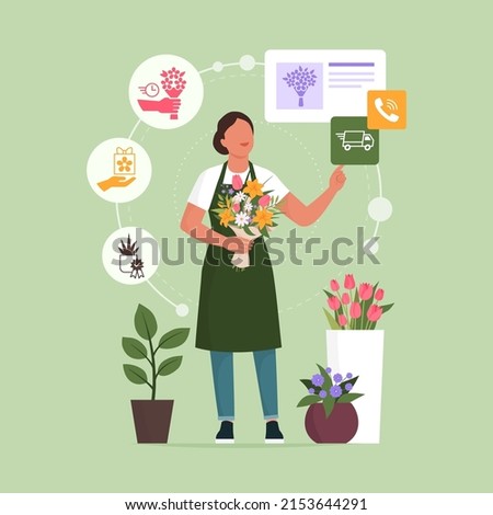 Professional florist taking orders online, she is holding a beautiful flower bouquet and interacting with a user interface