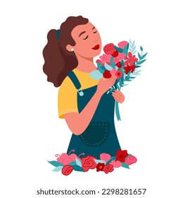 Professional florist working in her flower shop she is preparing a beautiful gift bouquet. A woman is smelling flowers. Vector illustration of a woman in a flower garden.