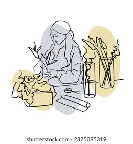 Professional florist working on table. Girl florist with flowers in line-art style with colour shape on a white background. Creation of bouquets. Flora shop. Vector outline illustration