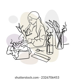 Professional florist working on table. Girl florist with flowers in line-art style with colour shape on a white background. Creation of bouquets. Flora shop. Vector outline illustration