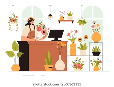 Professional Florist Working Vector Illustration featuring a Flower Store Creating Beautiful Gift Bouquets and Floral Trade in a Flat Style Background