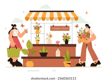 Professional Florist Working Vector Illustration featuring a Flower Store Creating Beautiful Gift Bouquets and Floral Trade in a Flat Style Background