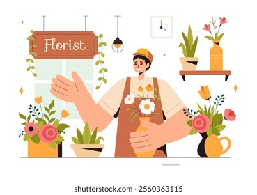 Professional Florist Working Vector Illustration featuring a Flower Store Creating Beautiful Gift Bouquets and Floral Trade in a Flat Style Background