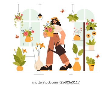 Professional Florist Working Vector Illustration featuring a Flower Store Creating Beautiful Gift Bouquets and Floral Trade in a Flat Style Background