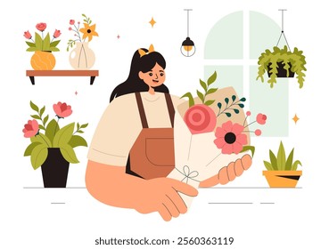 Professional Florist Working Vector Illustration featuring a Flower Store Creating Beautiful Gift Bouquets and Floral Trade in a Flat Style Background