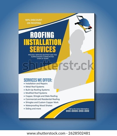 Professional flyer design template for roofing installation services. Fully editable, high-resolution layout perfect for promoting construction, roofing, or home improvement businesses.