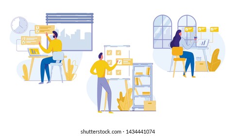 Professional Flyer Office Work Planning Cartoon. Man Sits Office and Performs Tasks in Stages. Woman Drinks Coffee and Notes Events Calendar. Vector Illustration on White Background.