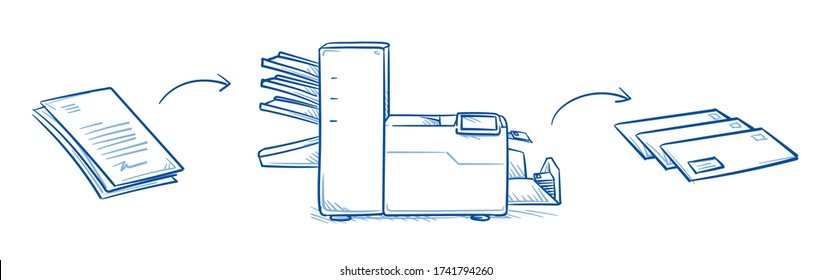 Professional folding and enveloping machine for print shops. Hand drawn line art cartoon vector illustration.