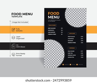 Profesional Plantilla de diseño de menú de alimentos: Perfecto para el marketing de redes sociales y promociones de Anuncio de Web. Mejore la imagen de marca de su restaurante con nuestras Plantillas de menú elegantes y eficaces. 