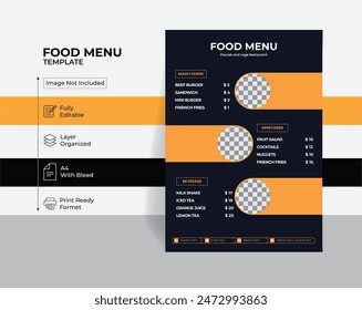 Professionelle Food Menu Design Vorlage: Perfekt für Social Media-Marketing und Web-Banner-Promotionen. Erhöhen Sie die Markendarstellung Ihres Restaurants mit unseren eleganten und wirksamen Menü-Vorlagen. 