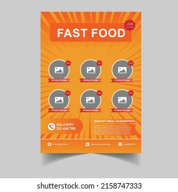 professional food menu flyer template, in A4 size. flyer, banner, and Layout Design. food concept. cafe and restaurant menu, junk food. Pizza, Burger, French fries, Soda, flyer design