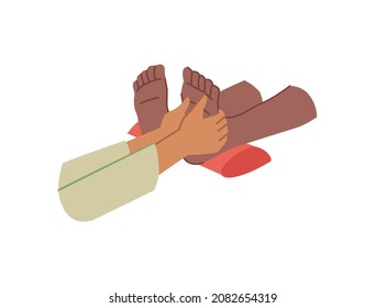 Professional foot massage isolated masseur hands massaging afro american man woman legs. Vector flat cartoon authentic luxury spa treatment. Feet massaging in beauty salon, relaxing and health care