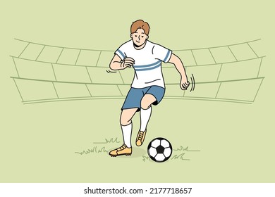 Professional football player with ball on field. Young man engaged in game. Sportsman training outdoors. Vector illustration. 