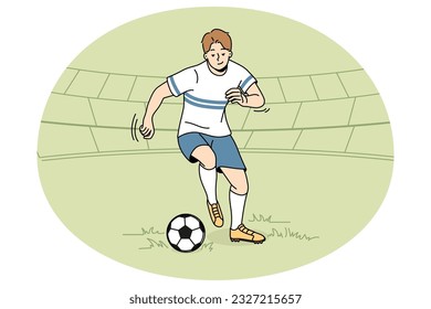 Professional football player with ball on field. Young man engaged in game. Sportsman training outdoors. Vector illustration.