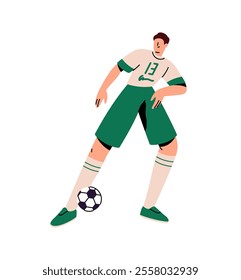 Professional football player catches and kicks ball. Sportsman in uniform plays soccer: passes, hits with his foot. Sports game match, training. Flat isolated vector illustration on white background