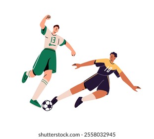 Professional football player runs, dribbling ball, sports opponent kicks, hits with foot it. Sportsmen play in international soccer match, game. Flat isolated vector illustration on white background