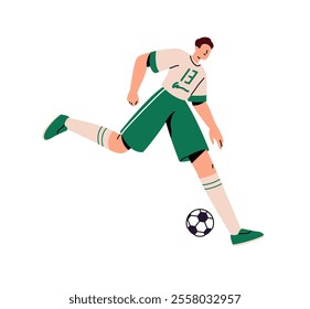 Professional football player runs, kicks ball to goal. Athlete training, plays soccer. Sportsman in uniform rushing to win in sport game, match. Flat isolated vector illustration on white background