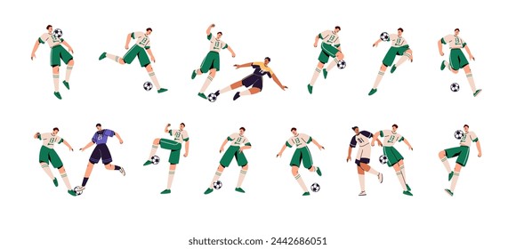 Professional football player set. Soccer sportsman in uniform kicks by foot, passes, dribbling ball. Athletes opponents play on championship. Sport game. Flat isolated vector illustration on white