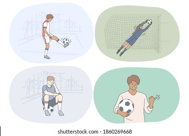 Professional football player, soccer ball and match concept. Young men football players and goalkeepers training and practicing skills on field during workouts. Sport, athletics, team sport vector 