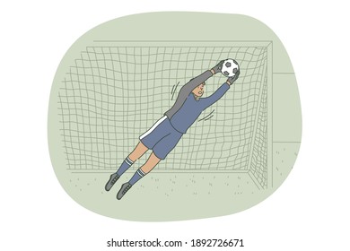 Professional football player, soccer ball, sport concept. Young man football player goalkeeper catching ball on field during workout or game. Sport, athletics, team sport vector 